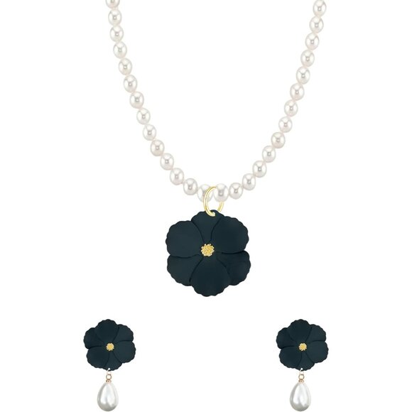 Adjustable Pearl Flower Necklace & Chic Floral Studs - Perfect for Any Occasion - Picture 1 of 7
